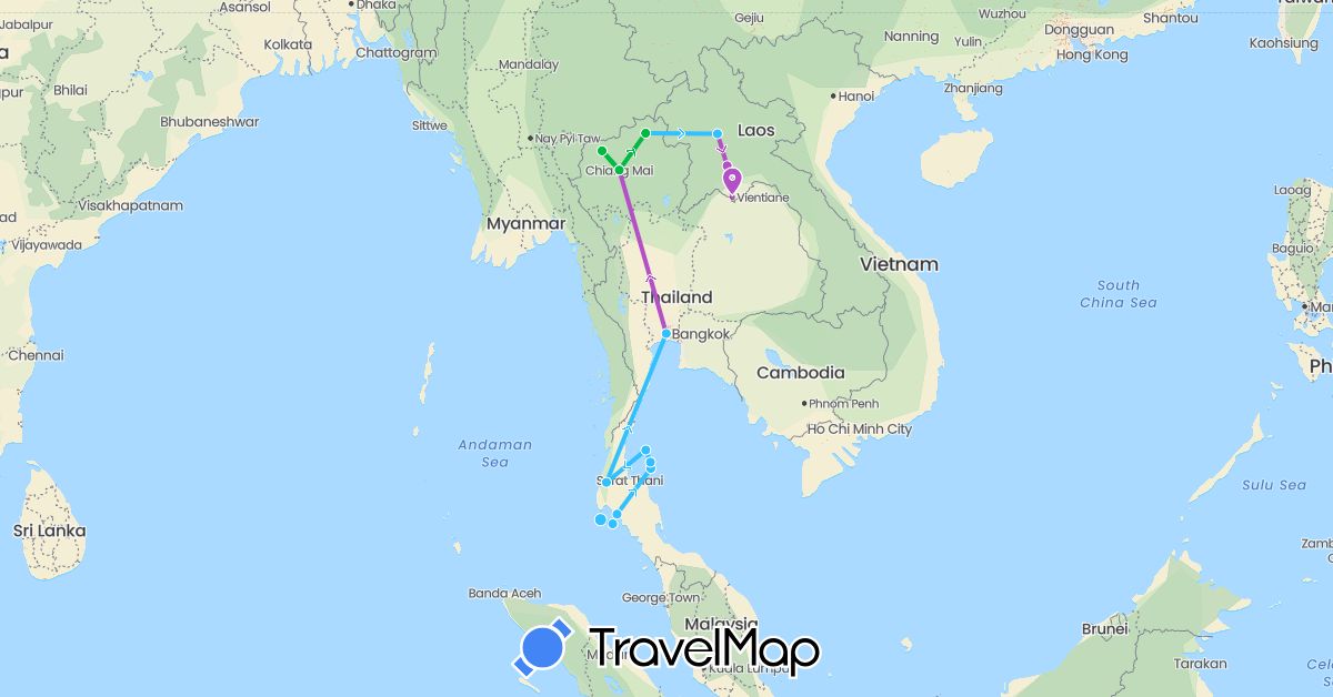TravelMap itinerary: driving, bus, train, boat in Laos, Thailand (Asia)